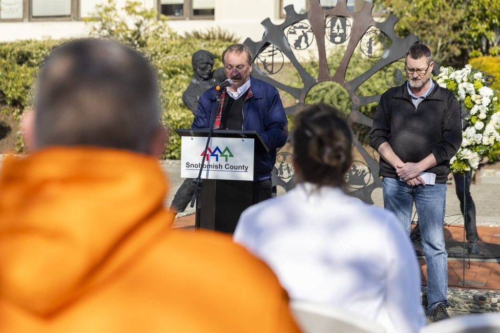 Snohomish County Executive Dave Somers speaks during a ceremony on Workers Memorial Day on Wednesday, April 23, 2025 in Everett, Washington. (Olivia Vanni / The Herald)
