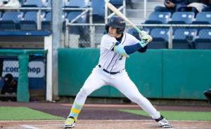 Everett's Luis Suisbell bats against the Vancouver Canadians at Funko Field on Tuesday, April 22, 2025. (Photo courtesy of Shari Sommerfield / Everett AquaSox)