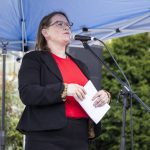 Everett City Council member Liz Vogeli speaks at the rally before the city council vote on the no sit, no lie expansion on Wednesday, May 3, 2023 in Everett, Washington. (Olivia Vanni / The Herald)