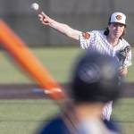 Monroe’s Caleb Campbell throws a pitch during the game against Everett on Wednesday, April 23, 2025 in Monroe, Washington. (Olivia Vanni / The Herald)