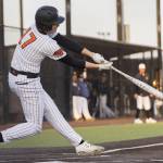 Monroes AJ Welch gets a hit during the game against Everett on Wednesday, April 23, 2025 in Monroe, Washington. (Olivia Vanni / The Herald)