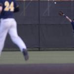 Everetts Andreas Gutierrez misses a catch in the outfield during the game against Monroe on Wednesday, April 23, 2025 in Monroe, Washington. (Olivia Vanni / The Herald)