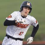 Monroes AJ Welch sticks his tongue out as he runs the bases during the game against Everett on Wednesday, April 23, 2025 in Monroe, Washington. (Olivia Vanni / The Herald)