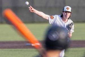 Monroe’s Caleb Campbell throws a pitch during the game against Everett on Wednesday, April 23, 2025 in Monroe, Washington. (Olivia Vanni / The Herald)