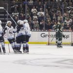 The Portland Winterhawks celebrate scoring during game seven of the second round of the WHL playoffs on Tuesday, April 22, 2025 in Everett, Washington. (Olivia Vanni / The Herald)