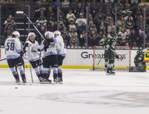 The Portland Winterhawks celebrate scoring during game seven of the second round of the WHL playoffs on Tuesday, April 22, 2025 in Everett, Washington. (Olivia Vanni / The Herald)