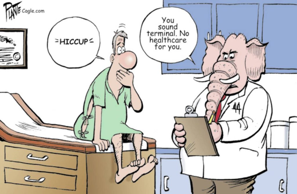 A man hiccups sounds terminal, budget cuts, Medicare, Medicaid, GOP. Republican Party, RNC, MAGA, medical exam, Congress, DOGE, Elon Musk