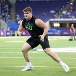 Offensive lineman Grey Zabel participates in a drill during the NFL Scouting Combine at Lucas Oil Stadium on March 2, 2025, in Indianapolis. (Stacy Revere / Getty Images / Tribune News Services)