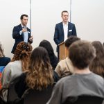 County Council members Jared Mead, left, and Nate Nehring speak to students on Thursday, Jan. 30, 2025, during Civic Education Day at the Snohomish County Campus in Everett, Washington. (Will Geschke / The Herald)