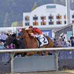 Five Star General (left) runs down Clovisconnection to win the 2024 Longacres Mile at Emerald Downs. (Photo courtesy of Doug Parry)