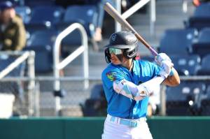 Tai Peete of the Everett AquaSox bats at Funko Field. (Photo courtesy of Evan Morud, Everett AquaSox)