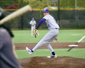 Edmonds-Woodway pitcher William Alseth winds up on the mound against Lynnwood during an April 28, 2025 league game at Edmonds-Woodway H.S. (Courtesy of Jennifer Eklund)