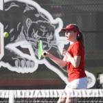 Snohomishs Morgan Gibson returns the ball in her match against Stanwoods Ryann Reep on Friday, April 12, 2024 in Snohomish, Washington. Gibson lost the first set 4-6 but rallied back to win 6-2 in the second and 6-0 in the third. The Panthers bested the Spartans 5-2. (Taras McCurdie / The Herald)