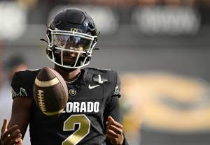 Colorado quarterback Shedeur Sanders (2) warms up before the Buffaloes play host to North Dakota State at Folsom Field on Aug. 29, 2024, in Boulder, Colorado. (RJ Sangosti / The Denver Post / Tribune News Services)
