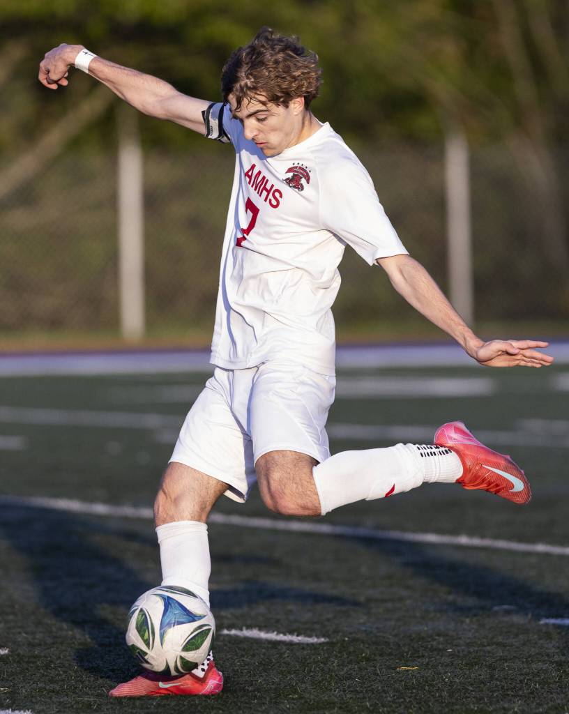 Archbishop Murphys Zach Mohr takes a shot on goal during the game against Shorewood on Wednesday, April 30, 2025 in Shoreline, Washington. (Olivia Vanni / The Herald)