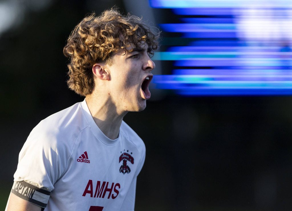 Archbishop Murphys Zach Mohr yells in celebration after scoring a goal during the game against Shorewood on Wednesday, April 30, 2025 in Shoreline, Washington. (Olivia Vanni / The Herald)
