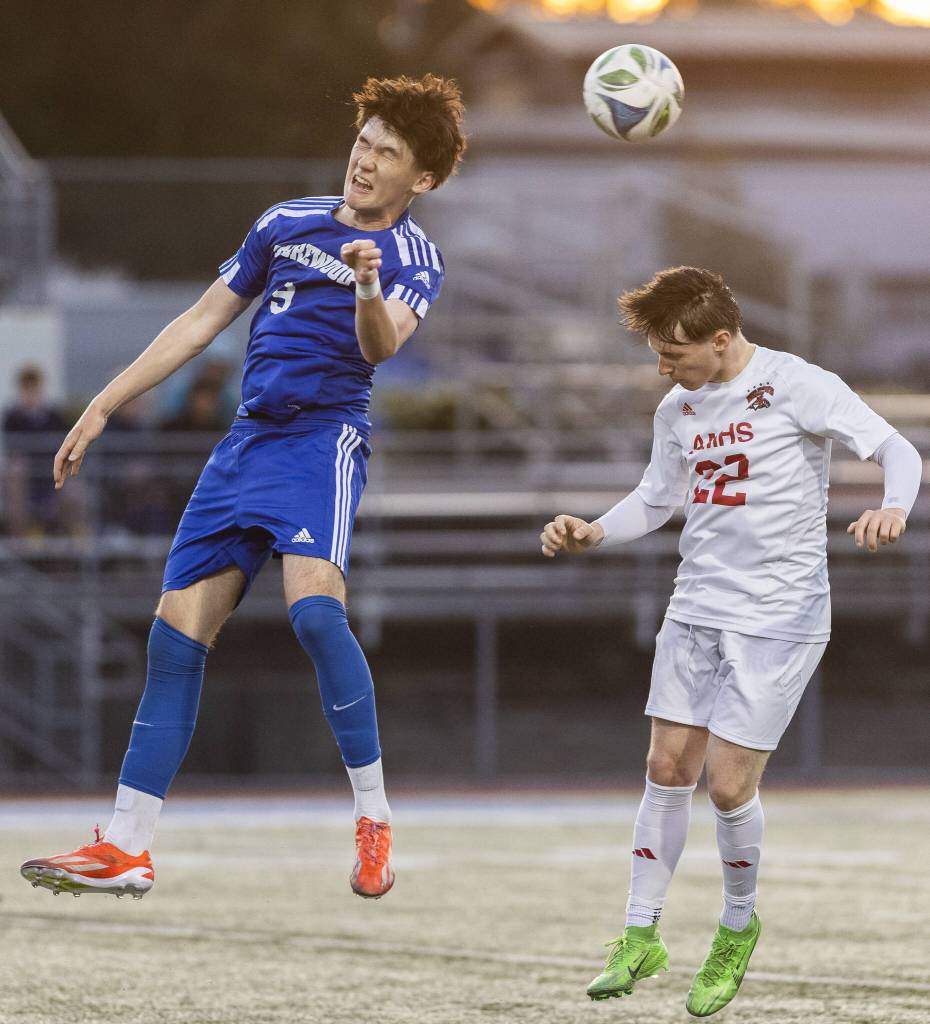 Shorewoods Kai Ayers heads the ball during the game against Archbishop Murphy on Wednesday, April 30, 2025 in Shoreline, Washington. (Olivia Vanni / The Herald)