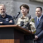 Snohomish County Sheriff Susanna Johnson speaks at a press conference outside of the new Snohomish County 911 building on Wednesday, April 30, 2025 in Everett, Washington. (Olivia Vanni / The Herald)