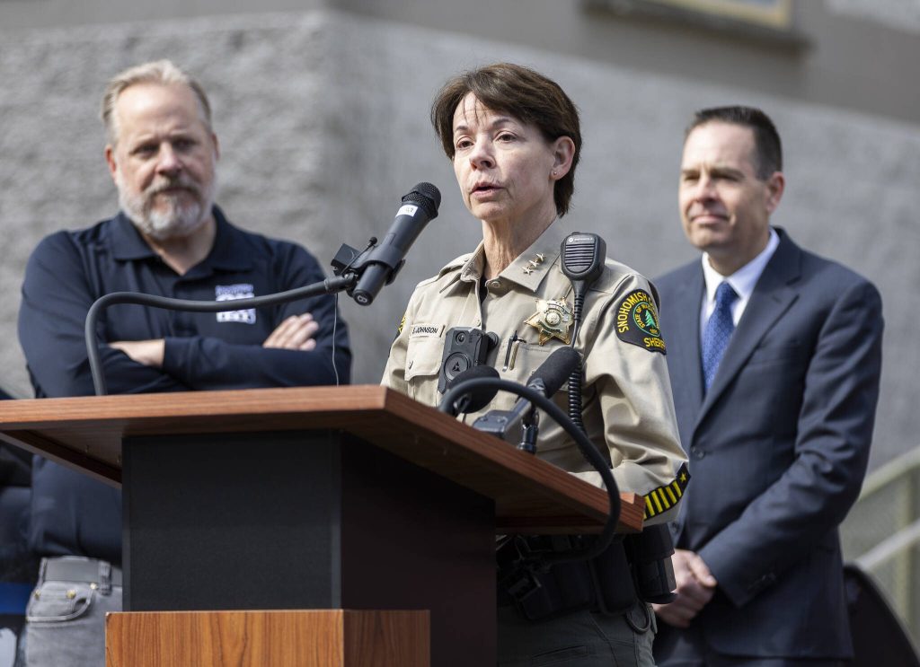Snohomish County Sheriff Susanna Johnson speaks at a press conference outside of the new Snohomish County 911 building on Wednesday, April 30, 2025 in Everett, Washington. (Olivia Vanni / The Herald)