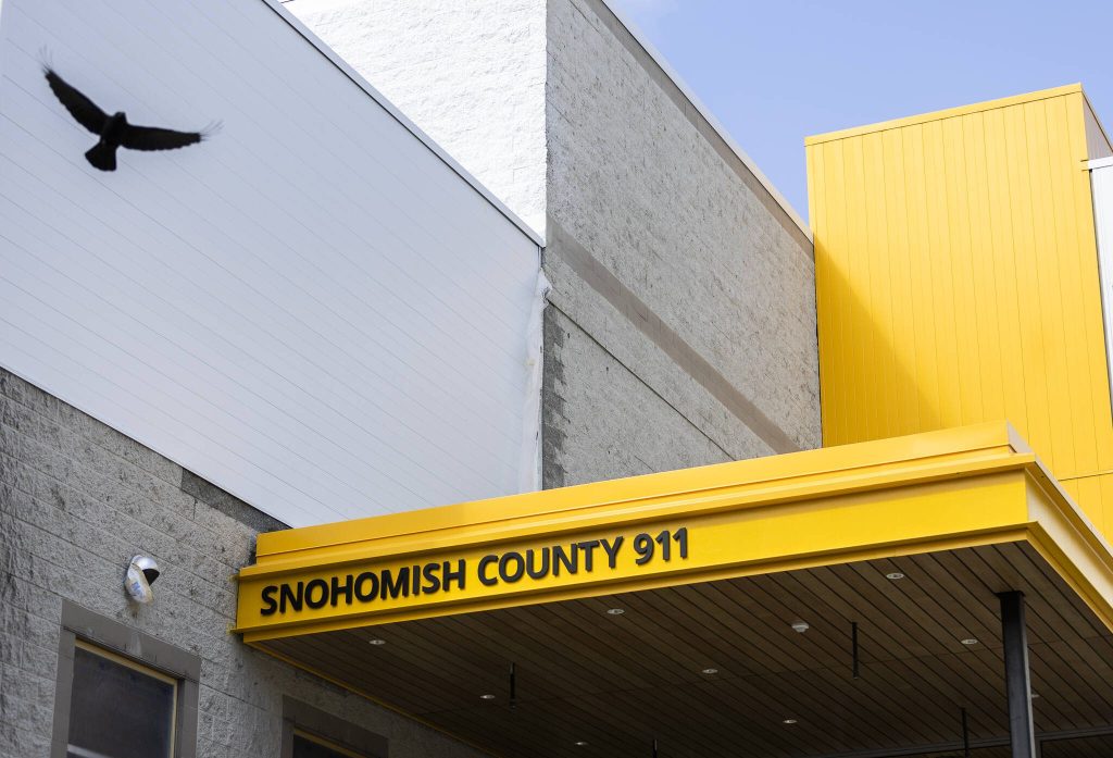 Outside of the new Snohomish County 911 building on Wednesday, April 30, 2025 in Everett, Washington. (Olivia Vanni / The Herald)