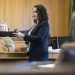 Snohomish County deputy prosecutor Martha Saracino delivers her opening statement at the start of the trial for Christian Sayre at the Snohomish County Courthouse on Monday, May 5, 2025 in Everett, Washington. (Olivia Vanni / The Herald)