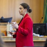 Defense attorney Piper Salvator delivers her opening statement at the start of the trial for Christian Sayre at the Snohomish County Courthouse on Monday, May 5, 2025 in Everett, Washington. (Olivia Vanni / The Herald)