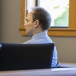 Christian Sayre listens to opening statements at the start of his trial at the Snohomish County Courthouse on Monday, May 5, 2025 in Everett, Washington. (Olivia Vanni / The Herald)
