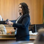Snohomish County prosecutor Martha Saracino delivers her opening statement at the start of the trial for Christian Sayre at the Snohomish County Courthouse on Monday, May 5, 2025 in Everett, Washington. (Olivia Vanni / The Herald)