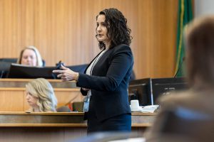 Snohomish County prosecutor Martha Saracino delivers her opening statement at the start of the trial for Christian Sayre at the Snohomish County Courthouse on Monday, May 5, 2025 in Everett, Washington. (Olivia Vanni / The Herald)