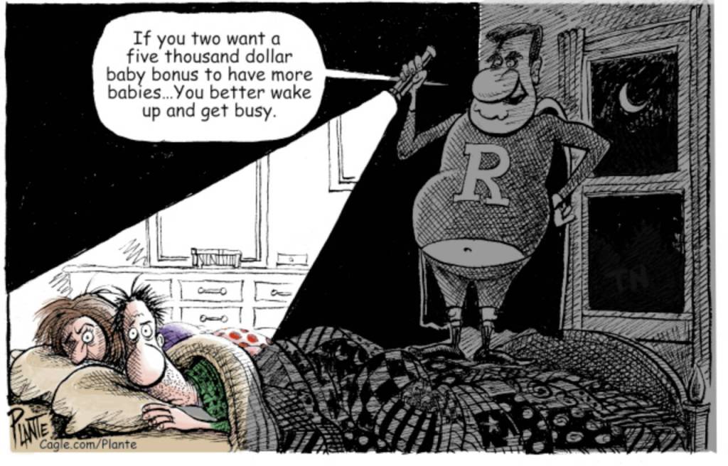 A couple awakened by the Baby Bonus idea, GOP, RNC, Republican Party, proposal, House Speaker Mike Johnson,  Cagle.com/Plante