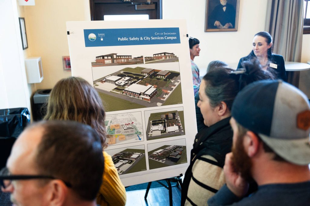 Snohomish residents look at initial designs for a new Snohomish civic campus on Saturday, May 3, 2025, in Snohomish, Washington. (Will Geschke / The Herald)