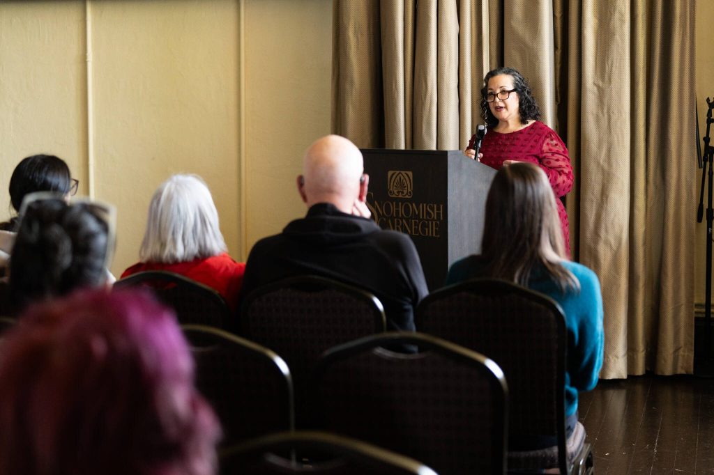 Snohomish Mayor Linda Redmon delivers her State of the City address on Saturday in Snohomish. (Will Geschke / The Herald)
