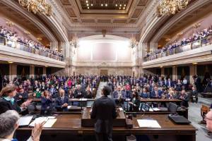 Photo courtesy of Legislative Support Services
Gov. Bob Ferguson speaks to lawmakers and other officials at the state Capitol on Jan. 15 during his inaugural address. Throughout the legislative session, Ferguson indicated he would support legislation to cap rent increases, but he never voiced public support for the bill.