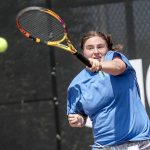 Shorewoods Rylie Gettmann hits the ball during a Class 3A District 1 girls tennis tournament at Snohomish High School in Snohomish, Washington on Wednesday, May 15, 2024. (Annie Barker / The Herald)