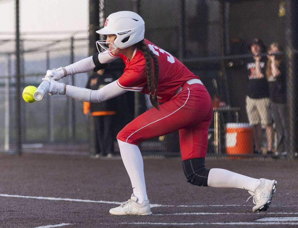 Stanwoods Rubi Lopez bunts the ball during the game against Monroe on Thursday, May 1, 2025 in Monroe, Washington. (Olivia Vanni / The Herald)