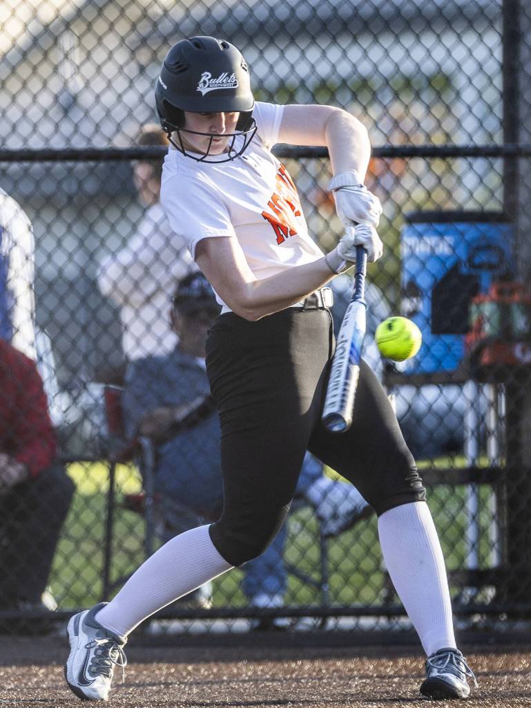 A Monroe player gets a hit during the game against Stanwood on Thursday, May 1, 2025 in Monroe, Washington. (Olivia Vanni / The Herald)