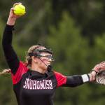 Snohomish’s Abby Edwards pitches during the 3A state softball championship game against Auburn Riverside on Saturday, May 25, 2024 in Lacey, Washington. (Olivia Vanni / The Herald)