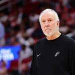 Head coach Gregg Popovich of the San Antonio Spurs looks on against the Houston Rockets during the first half of a preseason game at Toyota Center on Oct. 17, 2024, in Houston, Texas. (Alex Slitz / Getty Images / Tribune News Services)