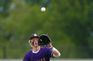 Lake Stevens shortstop Aspen Alexander fields a high chopper behind second base during a playoff loss to Bothell on Saturday, May 4, 2024, in Lake Stevens, Washington. (Ryan Berry / The Herald)