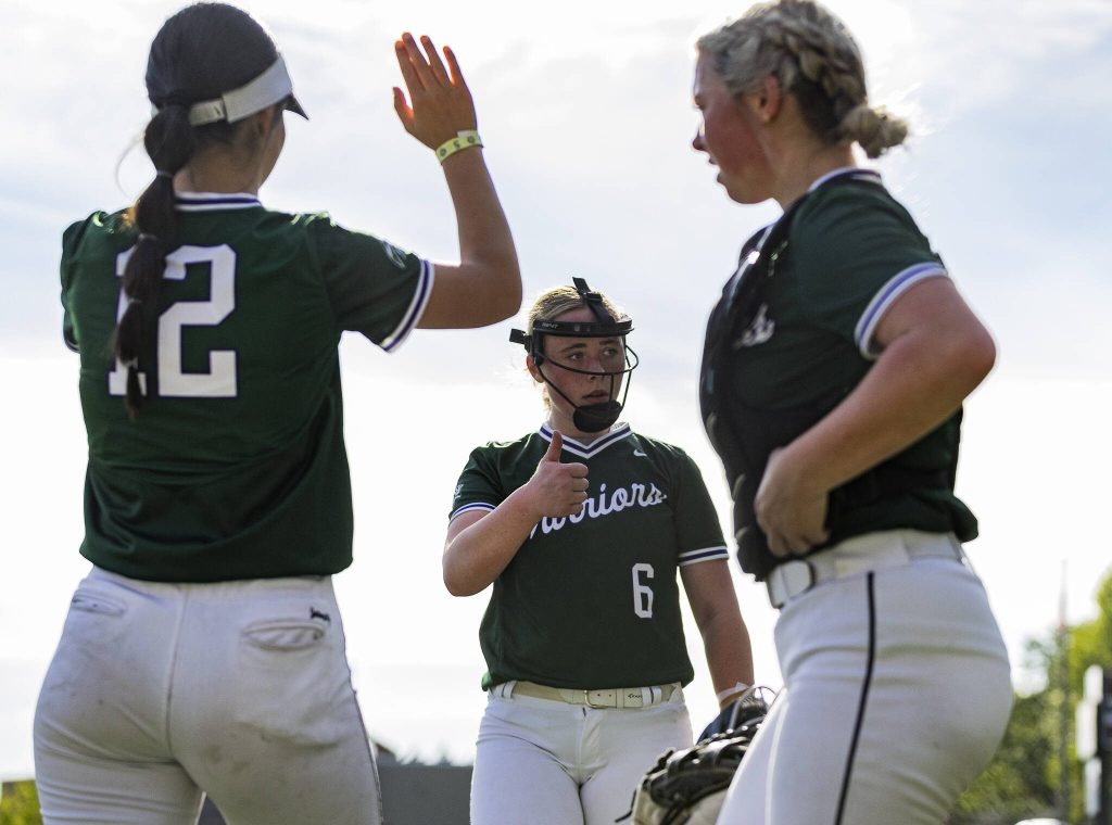 Edmonds-Woodways Helena Marsh gives a thumbs up after a strikeout during the game against Archbishop Murphy on Monday, May 5, 2025 in Everett, Washington. (Olivia Vanni / The Herald)