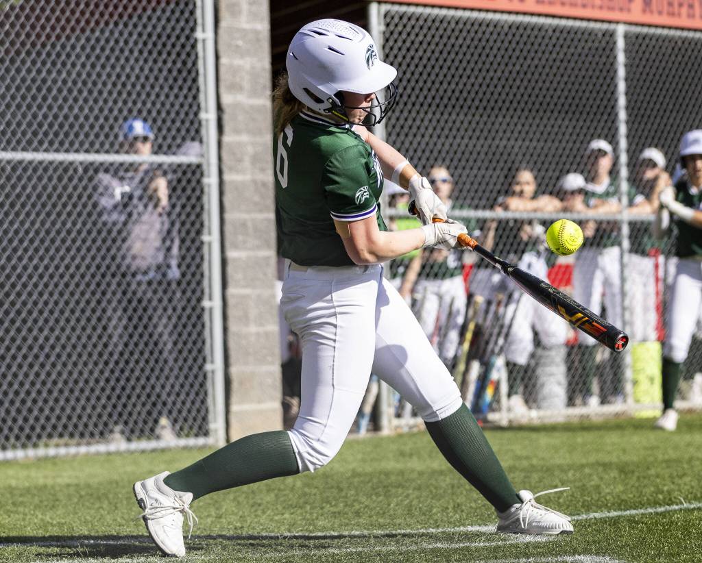 Edmonds-Woodways Helena Marsh gets a hit during the game against Archbishop Murphy on Monday, May 5, 2025 in Everett, Washington. (Olivia Vanni / The Herald)