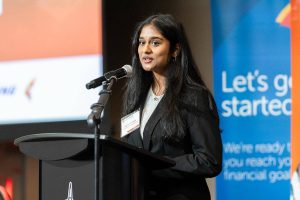 Laaysa Chintamani speaks after winning on Tuesday, April 22, 2025 in Tulalip, Washington. (Olivia Vanni / The Herald)