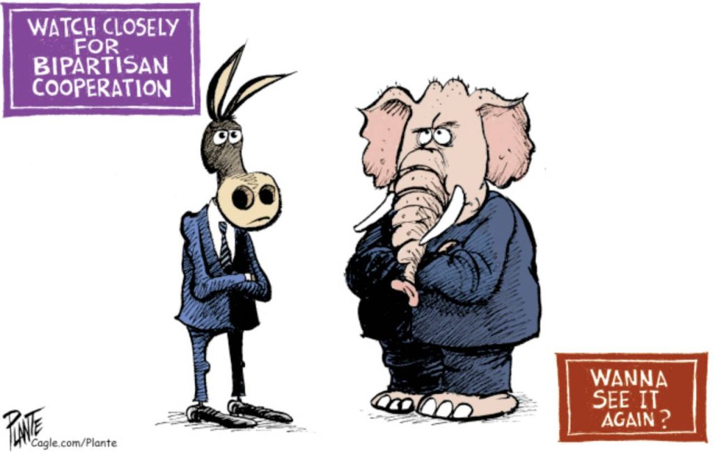 A Democrat and Republican refuse to cooperate, non-bipartisan, bipartisanship, U. S. Senate, U.S. Congress, Senate rejects anti-tariff bill, cagle.com/Plante