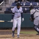 Everett AquaSox infielder Colt Emerson yells after striking out during the game against the Tri-City Dust Devils on Tuesday, May 6, 2025 in Everett, Washington. (Olivia Vanni / The Herald)