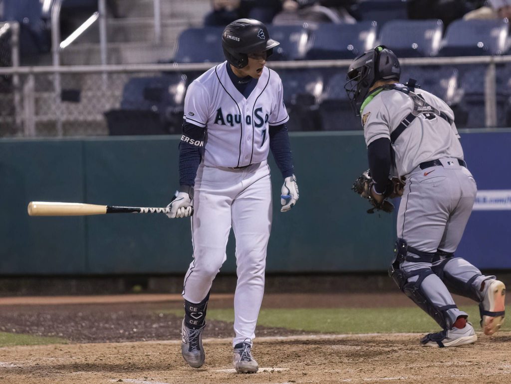 Everett AquaSox infielder Colt Emerson yells after striking out during the game against the Tri-City Dust Devils on Tuesday, May 6, 2025 in Everett, Washington. (Olivia Vanni / The Herald)