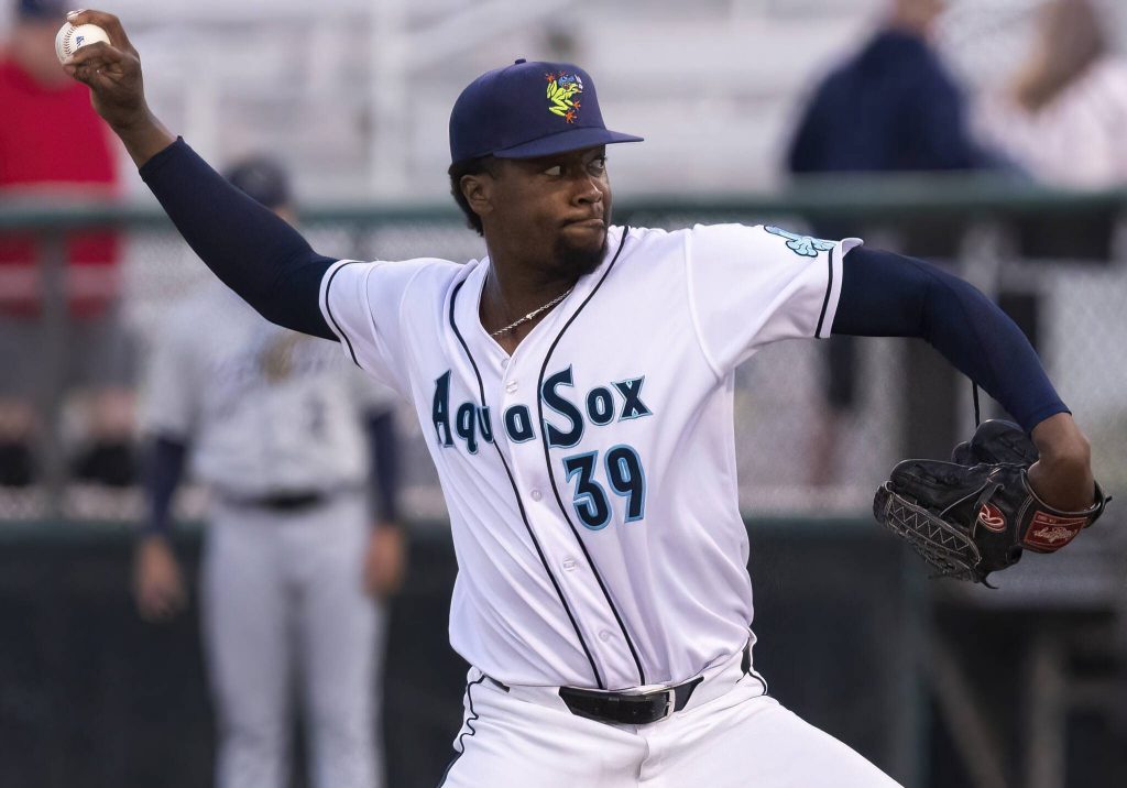 Everett AquaSox pitcher Jordan Jackson throws a pitch during the game against the Tri-City Dust Devils on Tuesday, May 6, 2025 in Everett, Washington. (Olivia Vanni / The Herald)