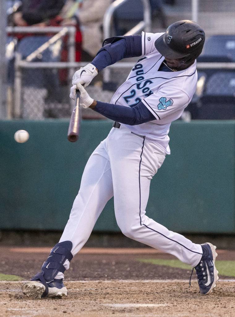Everett AquaSox outfielder Lazaro Montes gets a hit during the game against the Tri-City Dust Devils on Wednesday, May 7, 2025 in Everett, Washington. (Olivia Vanni / The Herald)