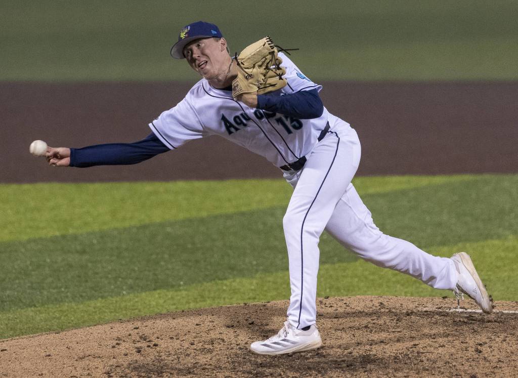 Everett AquaSox pitcher Tyler Cleveland throws a pitch during the game against the Tri-City Dust Devils on Wednesday, May 7, 2025 in Everett, Washington. (Olivia Vanni / The Herald)
