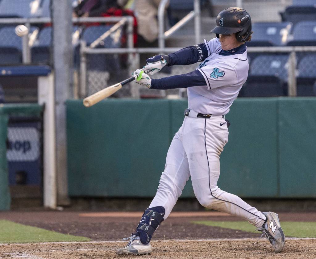 Everett AquaSox infielder Colt Emerson gets a hit during the game against the Tri-City Dust Devils on Wednesday, May 7, 2025 in Everett, Washington. (Olivia Vanni / The Herald)