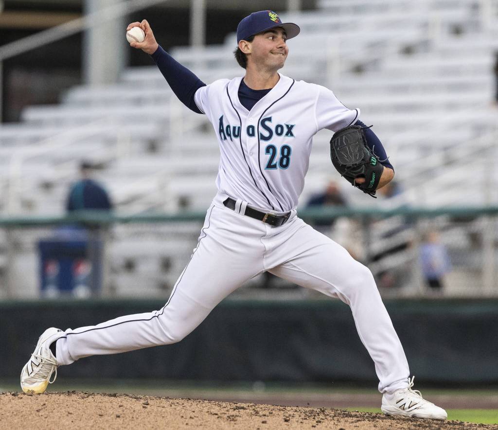 Everett AquaSox pitcher Shaddon Peavyhouse throws a pitch during the game against the Tri-City Dust Devils on Wednesday, May 7, 2025 in Everett, Washington. (Olivia Vanni / The Herald)